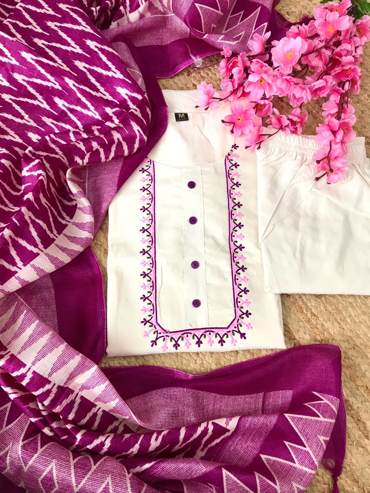VT Designer Embroidery Khadi Cotton Kurti With Bottom Dupatta Wholesale Shop In Surat